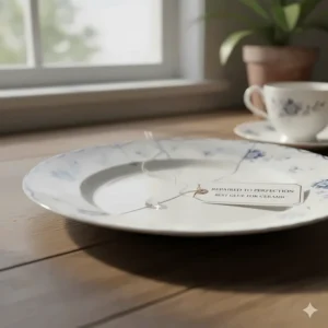 Close-up of a seamlessly repaired ceramic plate, demonstrating the strong, clear bond achieved with the best glue for ceramic.