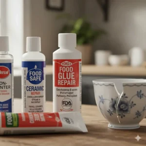 Close-up shot of a bottle of glue highlighting the non-toxic and FDA-approved labeling, confirming it is food safe for ceramic repair.