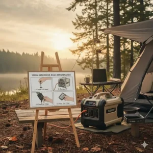 Step-by-step diagram showing how to change the oil and perform basic maintenance on a small 1000 watt generator.