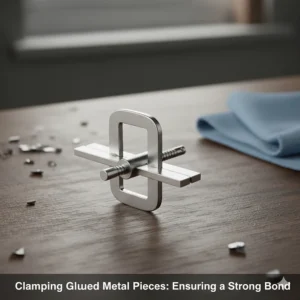 Two metal pieces are clamped together firmly with a small clamp, securing the joint while the super glue bond sets and cures.