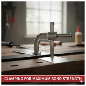 Image of a rubber piece and a metal component clamped together using a C-clamp, emphasizing the need for firm pressure while the rubber to metal adhesive cures to achieve maximum strength.