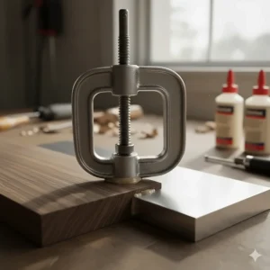 A C-clamp is holding the newly glued metal and wood joint firmly in place, demonstrating the necessary clamping pressure for the glue to cure properly.