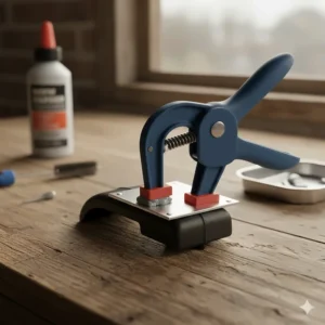 Two pieces of plastic and metal held securely together with a clamp during the curing process to ensure a strong, reliable bond.