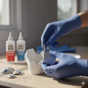 Clamps holding two pieces of ceramic together to ensure a strong, permanent bond during the curing time of the ceramic repair glue.