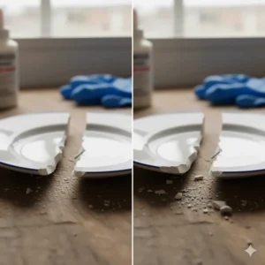 Comparison image showing a clean ceramic break versus a chipped area, illustrating different types of ceramic repair needs.