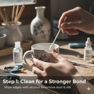 Essential first step: cleaning the broken ceramic piece with alcohol before applying the best glue for ceramic for a secure fix.