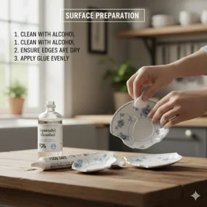 A person cleaning and preparing the broken ceramic surface with alcohol before applying food-safe glue, a crucial step for a strong bond.
