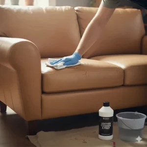 A step-by-step image of using a clean cloth and a leather prep solution to thoroughly clean the sofa surface before applying paint.
