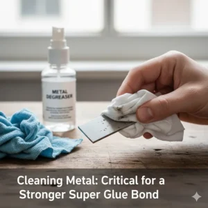 Close-up of metal pieces being cleaned with a degreaser or alcohol to remove oil and dirt, a critical step before gluing metal with super glue.