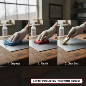 Diagram illustrating the critical steps for surface preparation, including degreasing and lightly abrading the metal surface for better adhesion with the rubber to metal glue.