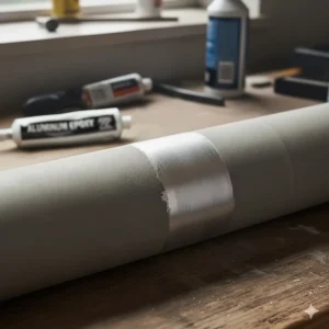 Image showing the fully cured and hardened aluminum epoxy patch repair, demonstrating its final metallic finish.