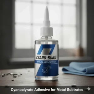 An illustration of a bottle of cyanoacrylate (super glue) adhesive specifically formulated for bonding metal substrates.