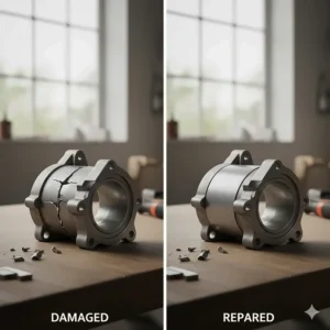 A side-by-side comparison showing a severely damaged aluminum engine component and the successful, strong repair using epoxy.