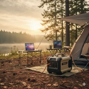 A schematic showing common devices like a laptop and LED lights being safely powered by a 1000w generator for emergency backup.