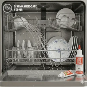 An illustration showing a repaired ceramic bowl being washed in a dishwasher, emphasizing the waterproof and dishwasher-safe qualities of the repair with food-safe glue.