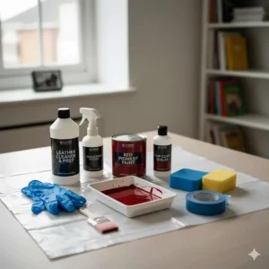 Photo of a complete DIY leather sofa paint kit, including cleaner, pigment, sealant, gloves, and sponges, laid out on a table.