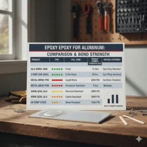 A comparison chart showing key features and bond strength of different types of epoxy for aluminum repair.
