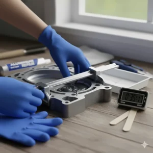 A securely clamped aluminum part with the applied epoxy patch, in the process of curing to achieve maximum strength.