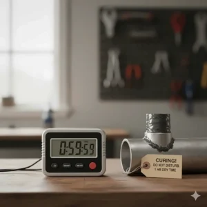 A timer next to a recently patched aluminum joint, illustrating the importance of allowing the epoxy to fully cure.