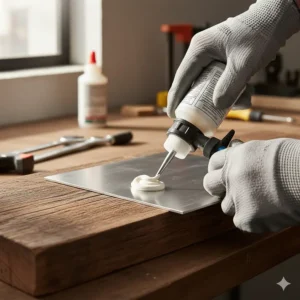 Applying a thick layer of industrial-strength epoxy glue to prepare a surface for bonding metal to wood in a furniture repair project.