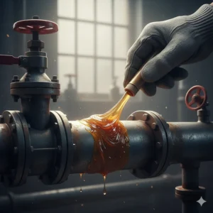 Industrial repair of a metal pipe using specialized, leak-proof epoxy to glue metal for a long-lasting fix.