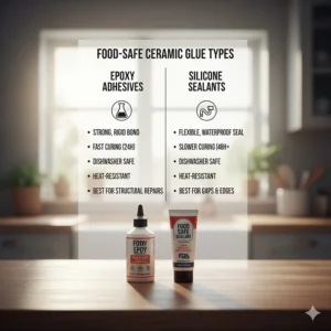 A comparison chart detailing the differences between epoxy and silicone food-safe glue options suitable for ceramic items.