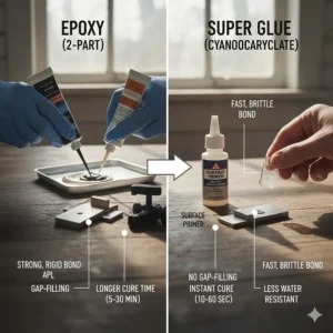 Comparison chart showing the differences between epoxy and super glue when used to glue plastic and metal.