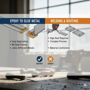 Comparison chart showing the benefits of using epoxy to glue metal as an alternative to traditional welding.
