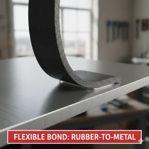 Cross-section showing a flexible rubber gasket successfully bonded to a metal flange, highlighting the need for a rubber to metal glue that retains flexibility after curing.