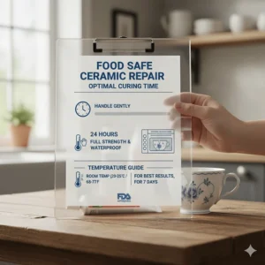 An infographic illustrating the necessary curing time and temperature for food-safe glue to fully bond and seal the ceramic piece.