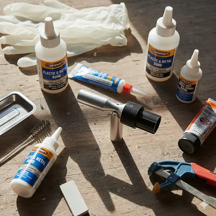A selection of the best adhesives and tools for how to glue plastic and metal together, showing a strong, permanent bond between the two materials.