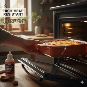 A graphic demonstrating the high-heat resistance properties of a specialized food-safe glue for ceramic, ideal for items like baking dishes.