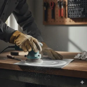 A person sanding an aluminum surface to properly prepare it for applying the epoxy, ensuring a strong bond.