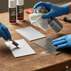 Close-up showing how to prepare plastic and metal surfaces before applying the adhesive, including cleaning and roughening the materials.