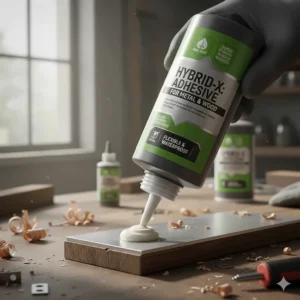 A squeeze bottle of a flexible, modern hybrid polymer adhesive specifically designed for durable bonding of metal and wood.