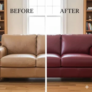 Side-by-side comparison showing the amazing before and after results of using specialized paint on an old leather sofa.