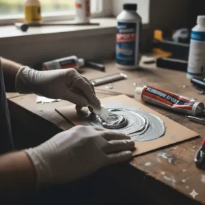 Person mixing the silver-gray aluminum epoxy paste components thoroughly on a disposable surface with a spatula.