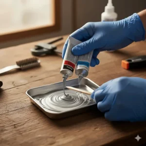 Hands mixing a two-part epoxy adhesive on a small tray, the ideal type of glue for creating a strong plastic and metal bond.