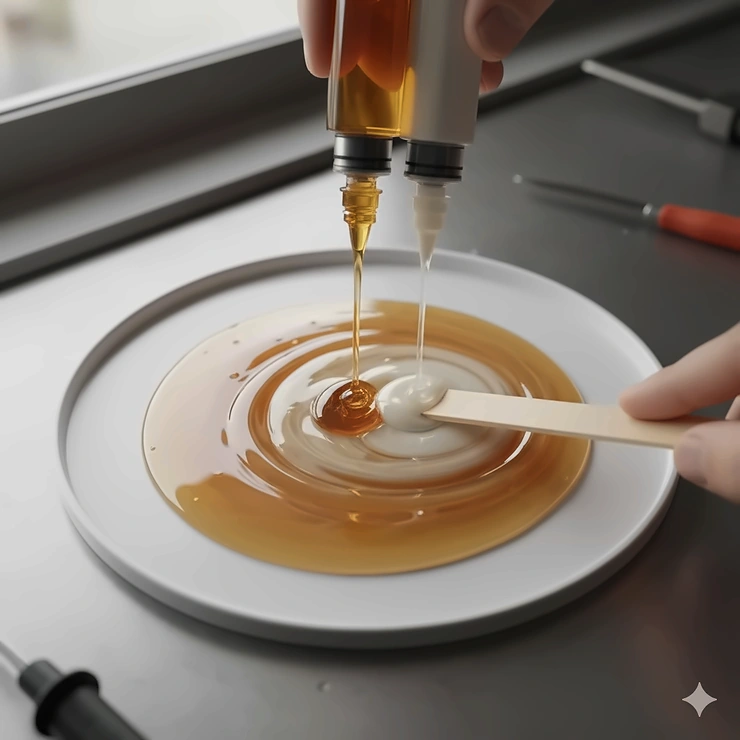 Close-up of two-part epoxy to glue metal being mixed, showing the resin and hardener components.