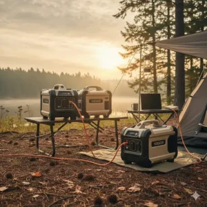 Diagram demonstrating how to use a parallel cable to link two 1000-watt generators to double the available wattage.