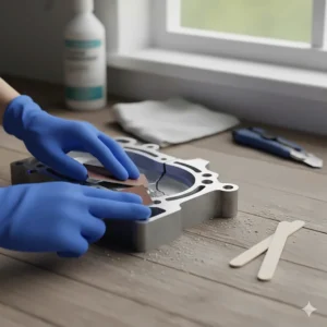 A technician preparing a damaged aluminum surface by cleaning and lightly sanding it before applying the bonding agent.