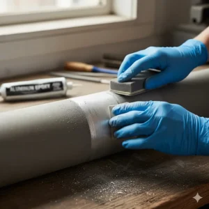Sanding an aluminum component to properly prepare the surface for maximum adhesion before applying the epoxy.