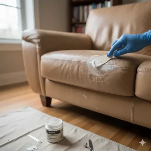 Image illustrating the process of filling small cracks or scuffs on the leather before applying the new leather paint color.