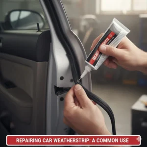 Example of a common household or automotive repair: using a strong, durable glue to reattach a deteriorating rubber weatherstrip to the car door's metal frame.