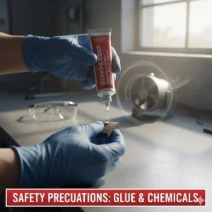 Image of proper safety gear, including gloves and good ventilation, when working with strong chemical adhesives like the best glue for bonding rubber to metal.