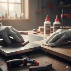 A hand sanding block being used to lightly roughen and clean the surfaces of both the metal and wood pieces before applying the appropriate glue.