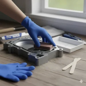 Finishing the aluminum repair by gently sanding the cured epoxy patch to create a smooth, paintable surface.