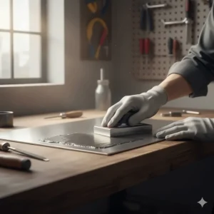 Smoothly sanding down the fully cured epoxy patch to create a seamless, professional finish on the repaired aluminum surface.