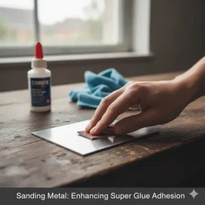 A hand lightly sanding the surface of a metal piece with fine-grit sandpaper to create a rough texture, which helps super glue adhere better.