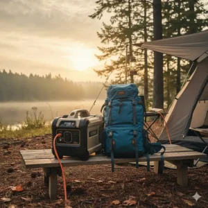 A small, lightweight portable 1000 watt generator placed next to a standard backpack to illustrate its compact size and easy portability.